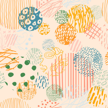 Vector modern seamless background with colorful hand drawn abstract round elements, doodles.のイラスト素材