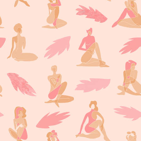 Vector seamless pattern with colorful illustration of silhouette women body and exotic leaves. For wallpaper, textile print, web page, wrapping paper, design of presentation and other graphic designのイラスト素材