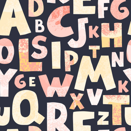 Vector seamless pattern with colorful letters on dark background. Alphabet. Can be used for wallpaper, pattern fills, web page, surface textures, textile print, wrapping paper, design presentationのイラスト素材