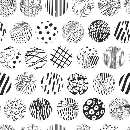 Vector modern black and white seamless background with hand drawn abstract round elements, doodles. Use it for wallpaper, textile print, pattern fill, web, texture, wrapping paper, design presentationのイラスト素材