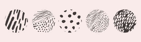 Vector hand drawn set with round isolated abstract black patterns or backgrounds. Various doodle shapes for highlight covers, posters, social media Icons templates.のイラスト素材