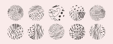 Vector hand drawn set with round isolated abstract black patterns or backgrounds. Various doodle shapes for highlight covers, posters, social media Icons templates.のイラスト素材