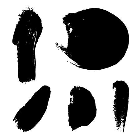 Vector set with black oil paint spot isolated on white background, texture hand drawn illustration. Use it as element for design greeting card, banner, Social Media post, invitation, graphic designのイラスト素材