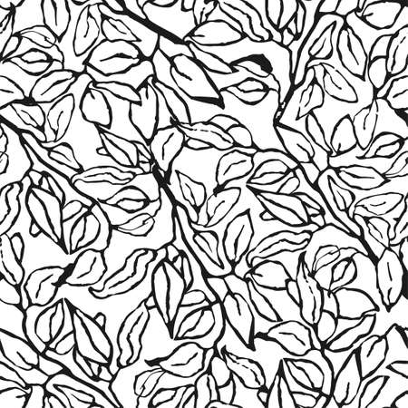 Vector seamless background with black and white illustration of foliage and plants. Can be used for wallpaper, pattern fills, web page, surface textures, textile print, wrapping paperのイラスト素材