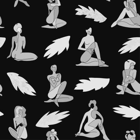 Vector seamless pattern with black and white illustration of silhouette women body and exotic leaves. Wallpaper, textile print, web page, wrapping paper, design presentation and other graphic designのイラスト素材
