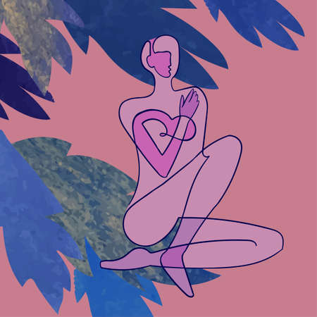 Vector outline illustration of woman body on floral background with exotic leaves. One line drawing. Greeting card, poster, banner, social media post, fashion print, invitation, sale, brochureのイラスト素材