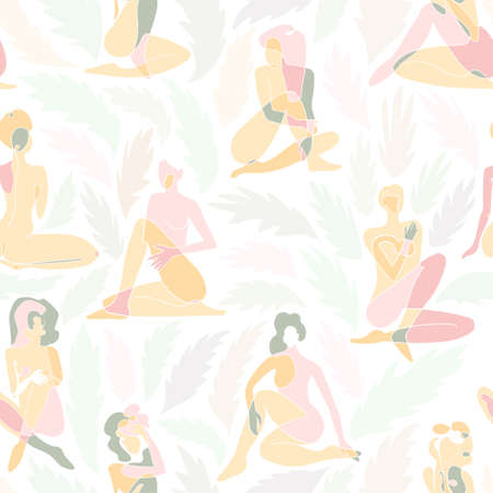 Vector seamless pattern with colorful illustration of silhouette women body and exotic leaves. For wallpaper, textile print, web page, wrapping paper, design of presentation and other graphic designのイラスト素材