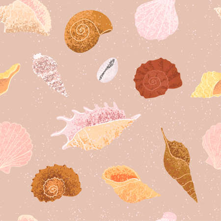 Vector seamless background with colorful hand drawn illustrations of seashell. For textile, pattern fills, web page, surface textures, wrapping paper, design of presentation and other graphic designのイラスト素材