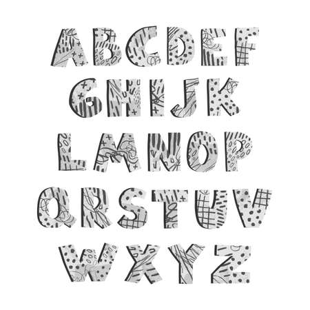 Vector cute graphic gray alphabet for kids. Can be used as elemets for your design for greeting cards, nursery, poster, card, birthday party, packaging paper design, baby t-shirts printsのイラスト素材