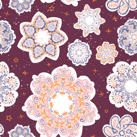 Vector modern seamless pattern with colorful hand draw illustration of snowflakes. Use it for wallpaper, textile print, fills, web page, surface textures, wrapping paper, design of presentationのイラスト素材