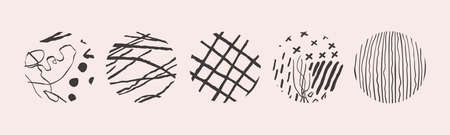 Vector hand drawn set with round isolated abstract black patterns or backgrounds. Various doodle shapes for highlight covers, posters, social media Icons templates.のイラスト素材