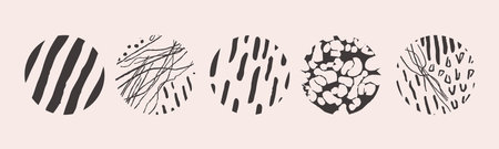 Vector hand drawn set with round isolated abstract black patterns or backgrounds. Various doodle shapes for highlight covers, posters, social media Icons templates.のイラスト素材