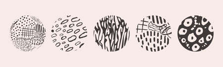Vector hand drawn set with round isolated abstract black patterns or backgrounds. Various doodle shapes for highlight covers, posters, social media Icons templates.のイラスト素材