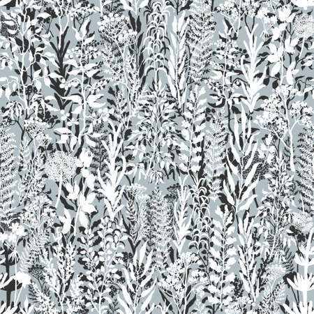 Vector seamless background with black and white illustration of herbs, plants and flowers. Can be used for wallpaper, pattern fills, web page, surface textures, textile print, wrapping paperのイラスト素材