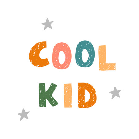 Vector illustration with hand drawn lettering - Cool kid. Colorful typography design in Scandinavian style for postcard, banner, t-shirt print, invitation, greeting card, posterのイラスト素材