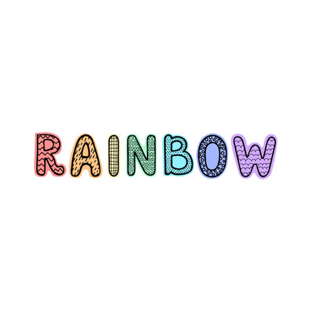 Vector illustration with hand drawn lettering - Rainbow. Colorful typography design in Scandinavian style for postcard, banner, t-shirt print, invitation, greeting card, posterのイラスト素材
