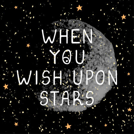 Vector illustration with hand drawn lettering - Wish upon stars. Colorful typography design in Scandinavian style for postcard, banner, t-shirt print, invitation, greeting card, posterのイラスト素材