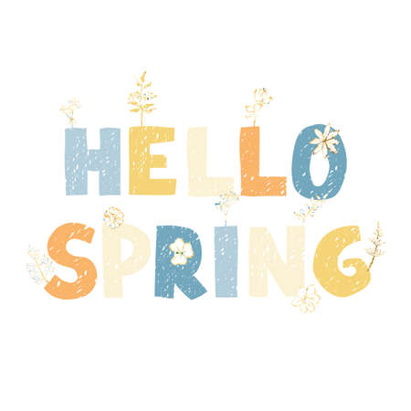 Vector colorful greeting card with hand drawn lettering Hello spring. Typography design for postcard, banner, print, invitation, greeting card, posterのイラスト素材