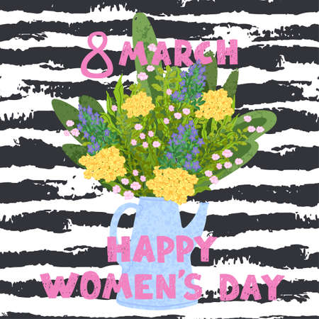 Vector colorful cute illustration of spring bouquet. Happy Womens Day March 8. Use it as greeting card, poster, banner, Social Media post, sale, brochure and other graphic designのイラスト素材