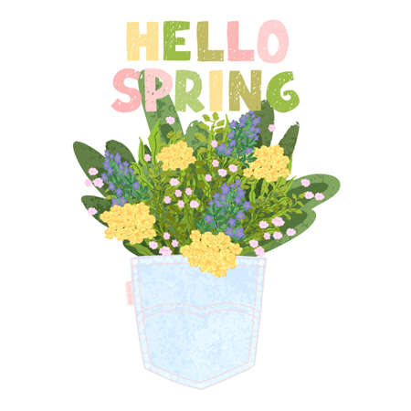 Vector colorful greeting card with illustratioon of bouquet in the back pocket and hand drawn lettering Hello spring. Typography design for postcard, banner, print, invitation, greeting card, posterのイラスト素材