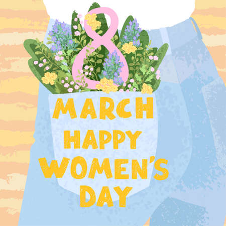 Vector colorful cute illustration of spring bouquet in denim pocket. Happy Womens Day March 8. Use it as greeting card, poster, banner, Social Media post, sale, brochure and other graphic designのイラスト素材