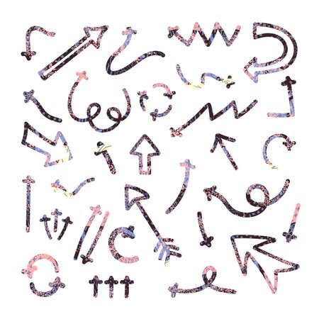 Vector colorful abstract set with illustrations of hand drawn arrows and direction pointers isolated on white background. Elemets for your design for card, poster, packaging paper, t-shirts printのイラスト素材