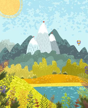 Vector colorful textured illustration of nature mountain landscape with a lake, hot air balloon and flowering plants. Use it as background for poster, postcard, brochure, card, banner, graphic designのイラスト素材
