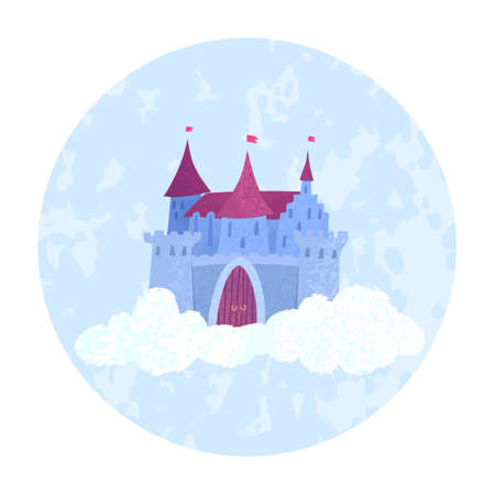 Vector colorful illustration of magical fairy princess castle floating in the clouds on a blue round backgroundのイラスト素材
