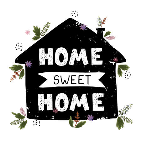 Vector colorful textured illustration with black silhouette of the house and hand drawn lettering - Home sweet Home. Colourful typography design in Scandinavian style for banner, card, posterのイラスト素材
