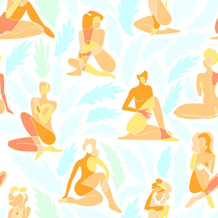 Vector seamless pattern with colorful illustration of silhouette women body and exotic leaves. For wallpaper, textile print, web page, wrapping paper, design of presentation and other graphic designのイラスト素材