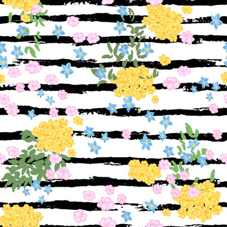 Vector seamless colorful pattern with illustration of blooming flowers on black and white striped background. Us itd for wallpaper, pattern fill, page, surface texture, textile print, wrapping paperのイラスト素材
