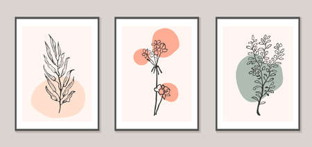 Vector set of collage modern poster with abstract shapes and illustration of plant. Scandinavian Style. For posters, textile print, wrapping paper, greeting card template, social media postのイラスト素材
