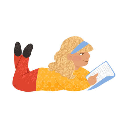 Cute little girl reads a book isolated on whiteのイラスト素材
