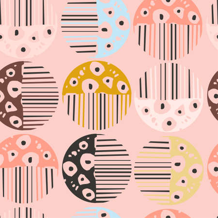 Seamless pattern with colorful hand drawn abstract round elements, doodlesのイラスト素材