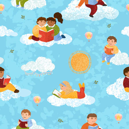 Seamless pattern with illustrations of cute children who read booksのイラスト素材