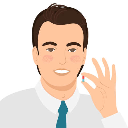 Young man drinks a pill isolated on white backgroundのイラスト素材