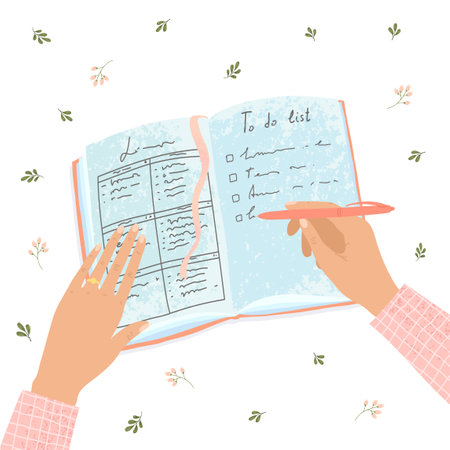 Illustration of the woman hand fills out a paper diary, makes plansのイラスト素材