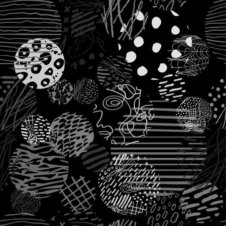 Black and white seamless pattern with hand drawn abstract round elements, doodlesのイラスト素材