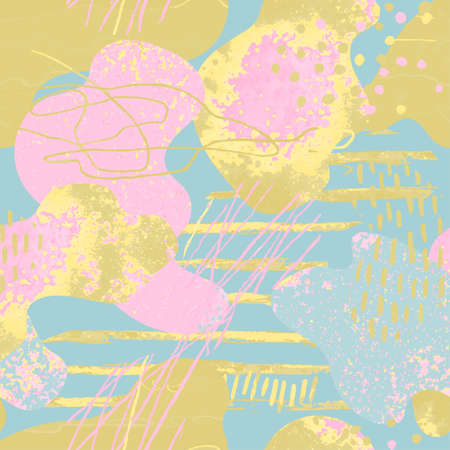 Seamless pattern with hand drawn abstract watercolor spots, doodlesのイラスト素材