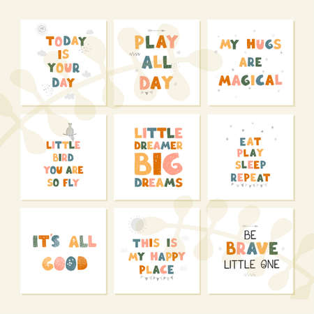 Vector set with fun hand drawn nursery posters with letteringのイラスト素材