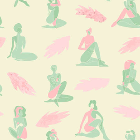 Vector seamless pattern with colorful illustration of silhouette women body and exotic leaves. For wallpaper, textile print, web page, wrapping paper, design of presentation and other graphic designのイラスト素材