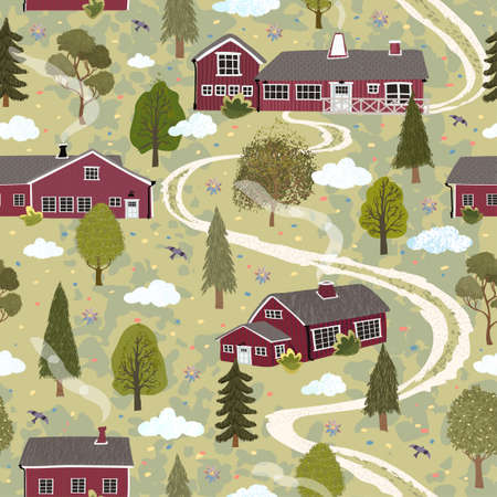 Seamless pattern with colorful illustration of summer landscape with a house in the Scandinavian styleの写真素材