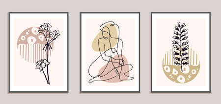 Set with collage modern poster with abstract shapes and one line illustrations of women bodyのイラスト素材