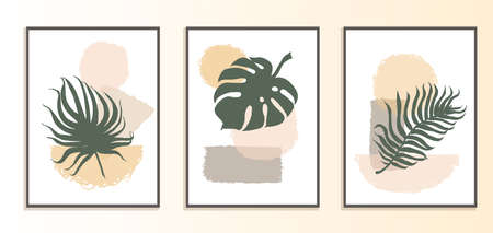 Set with collage modern poster with abstract shapes and illustration of plantのイラスト素材