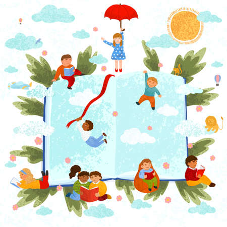 Colorful illustration of children read a bookの写真素材