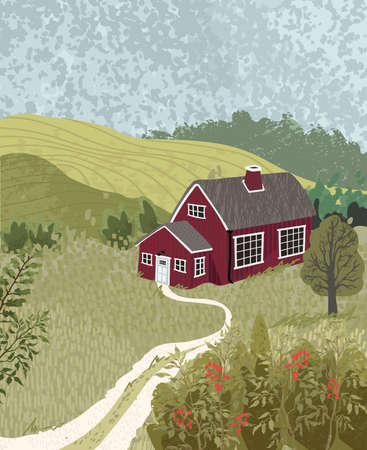 Nature landscape with a house in the Scandinavian styleのイラスト素材