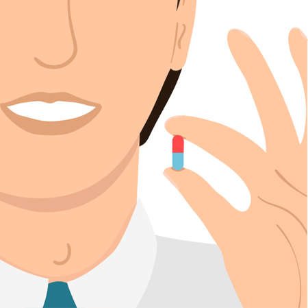 Young man drinks a pill isolated on white backgroundのイラスト素材