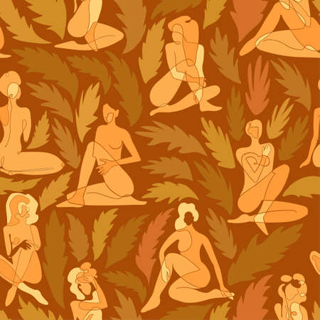 Vector seamless pattern with colorful illustration of silhouette women body and exotic leaves. For wallpaper, textile print, web page, wrapping paper, design of presentation and other graphic designのイラスト素材