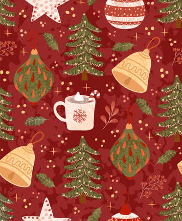 Vector seamless pattern with colorful illustrations of Christmas items. Use it for textile print, pattern fills, web page, wrapping paper, design of presentation and other graphic designのイラスト素材