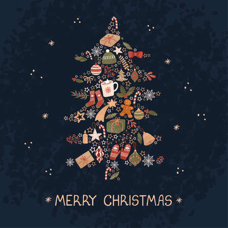 Vector christmas greeting card with illustration of Christmas tree. Use it as invitation, post card, poster, banner, Social Media design post, flyer, cover, placard, brochure and other graphic designのイラスト素材